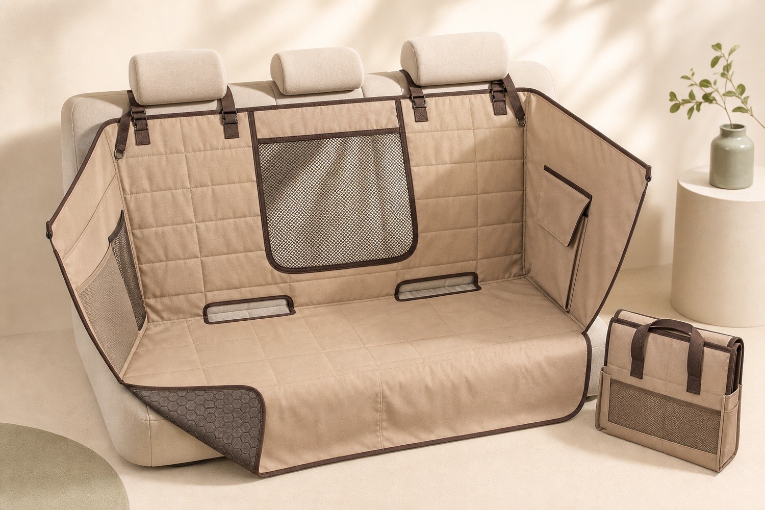 Calla 2-in-1 pet seat cover shown in hammock mode with a folded tote.